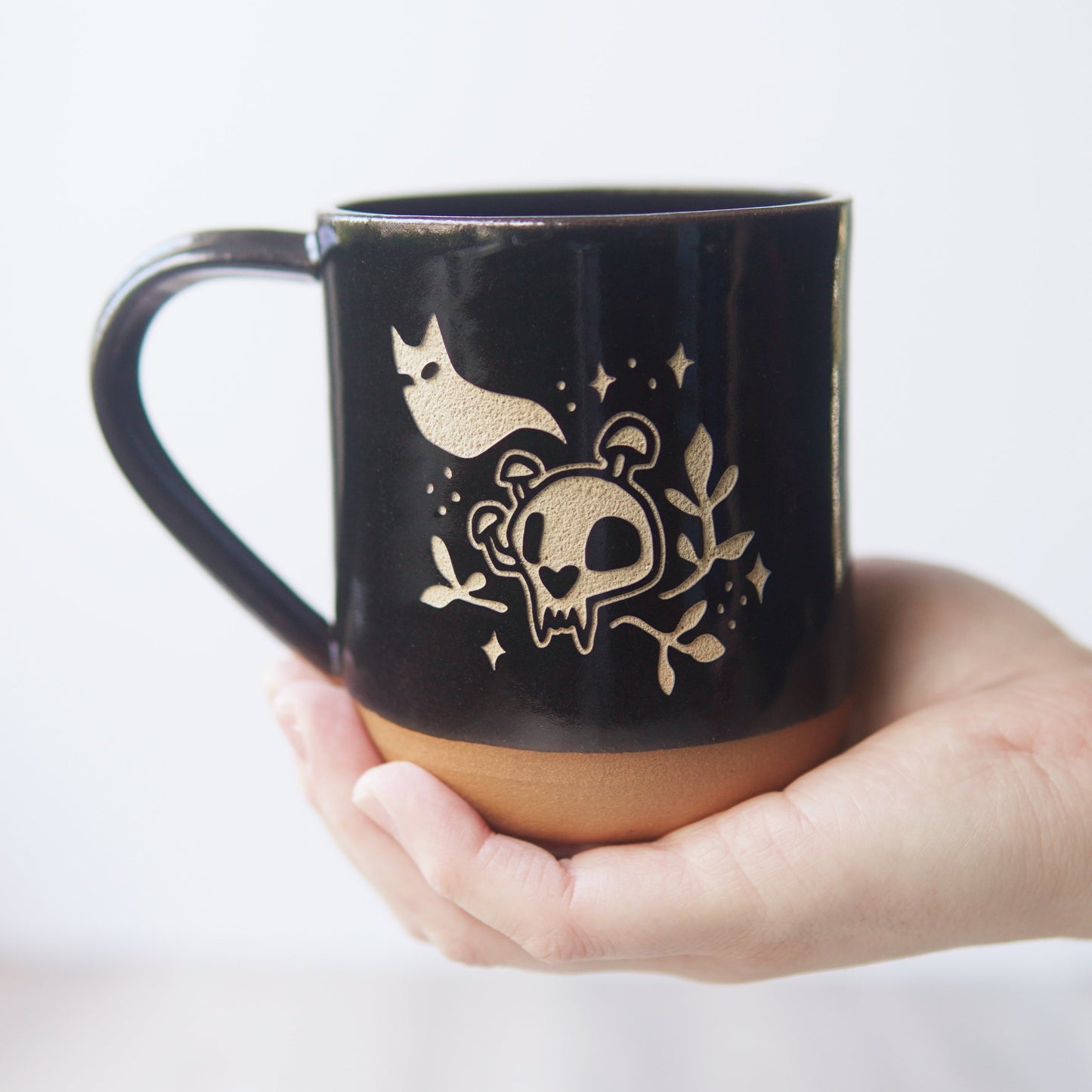 Haunted Cat Skull Mug, Farmhouse Style Handmade Pottery