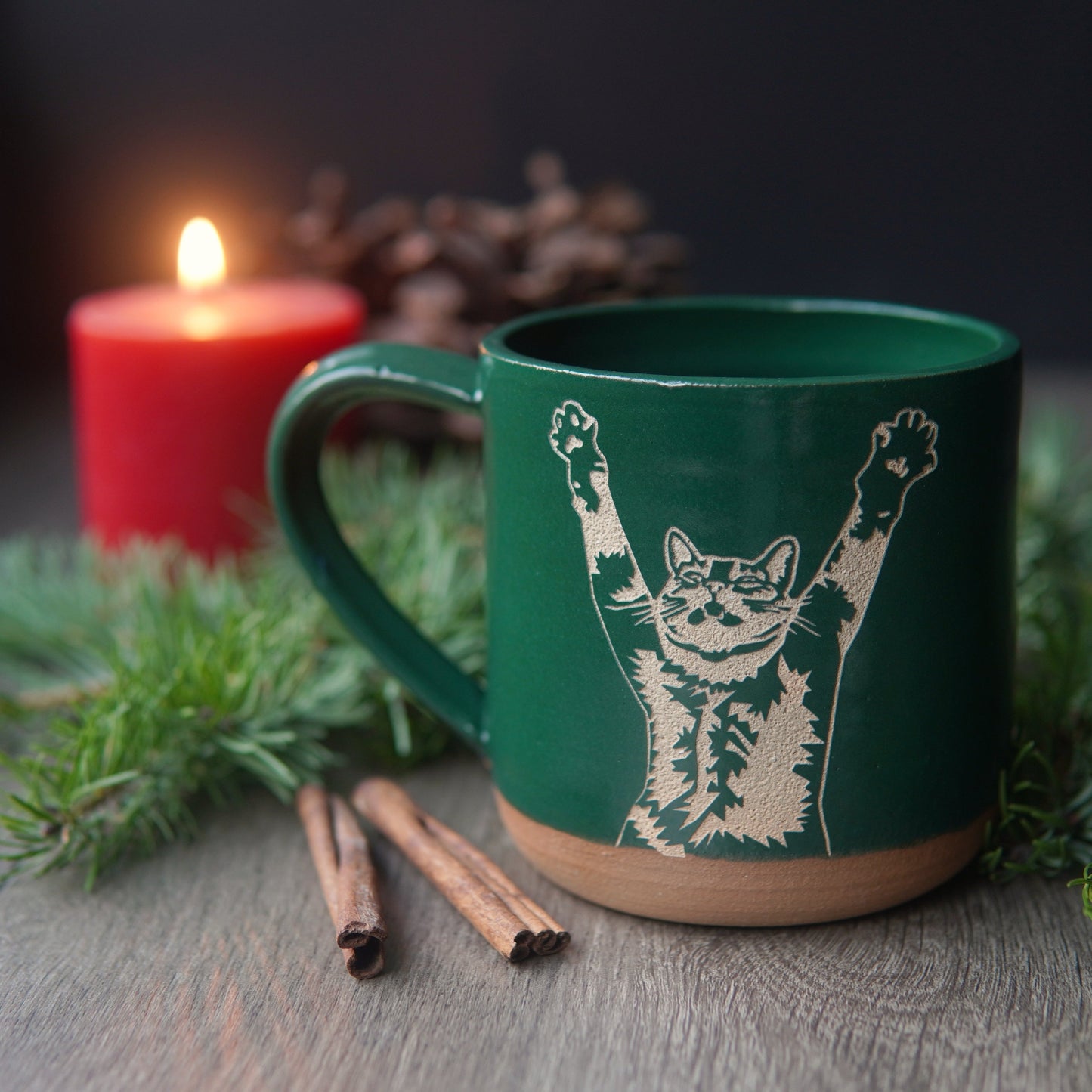 Stretching Cat Mug, Farmhouse Style Handmade Pottery