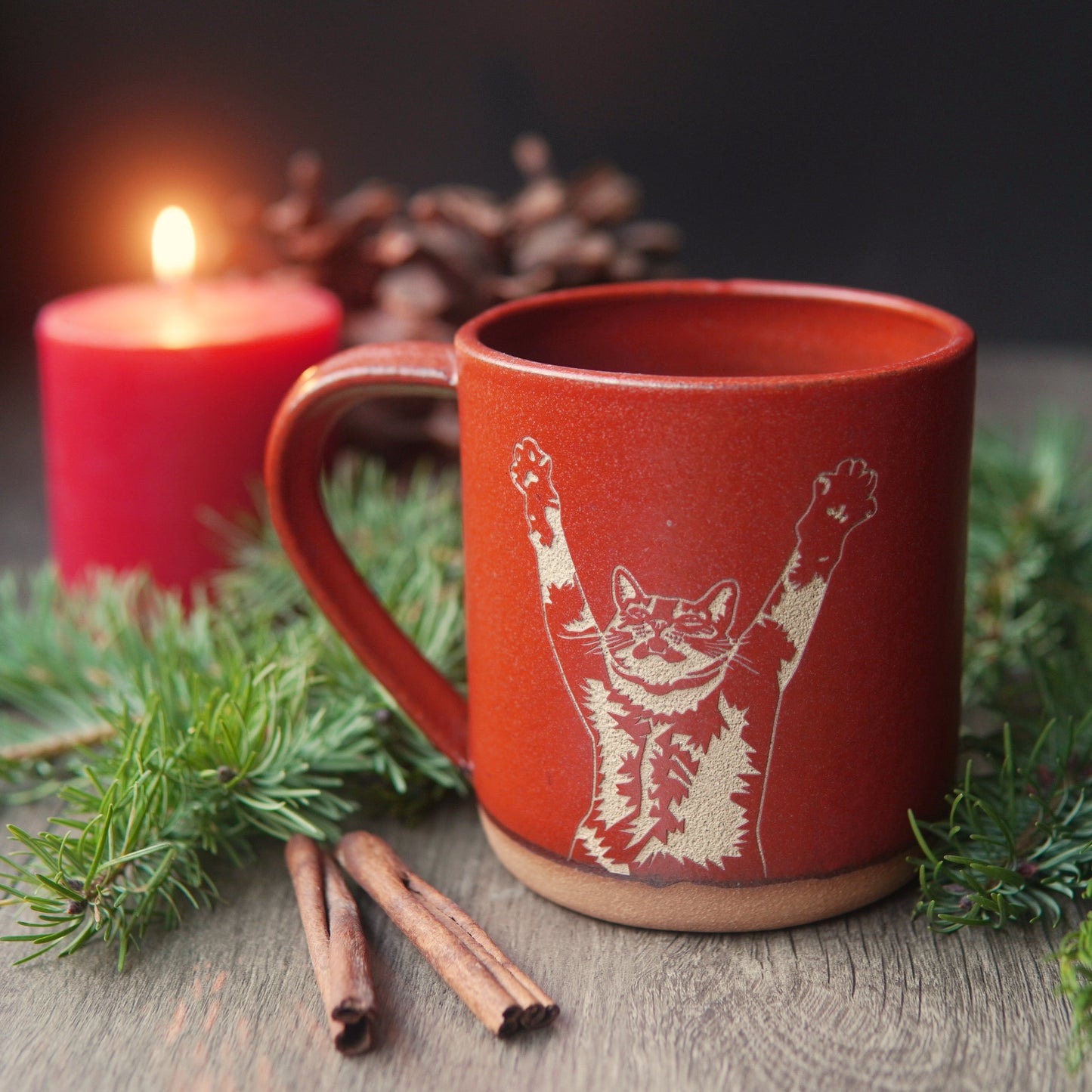 Stretching Cat Mug, Farmhouse Style Handmade Pottery