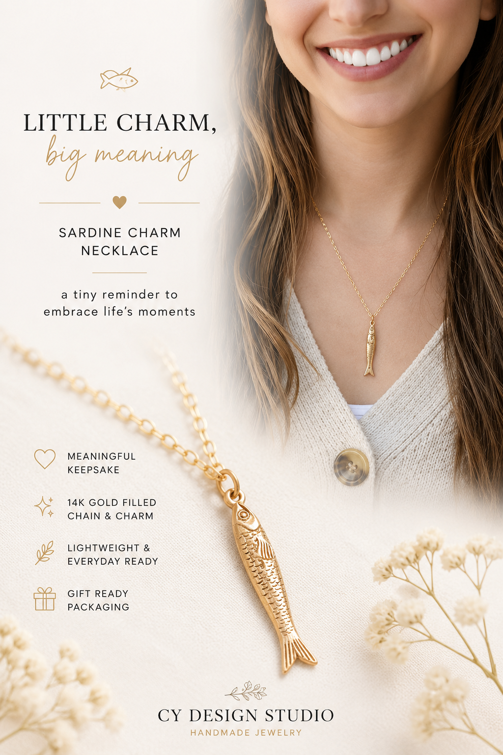 Sardine Charm Necklace – 18" Gold Filled Chain