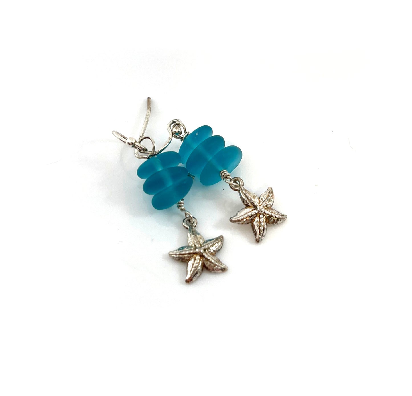 Blue Sea Glass Sterling Starfish Earrings