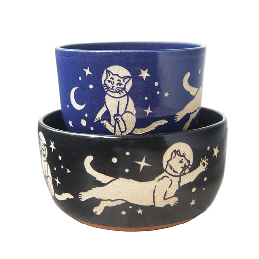 Space Cats Bowl, Farmhouse Style Handmade Pottery