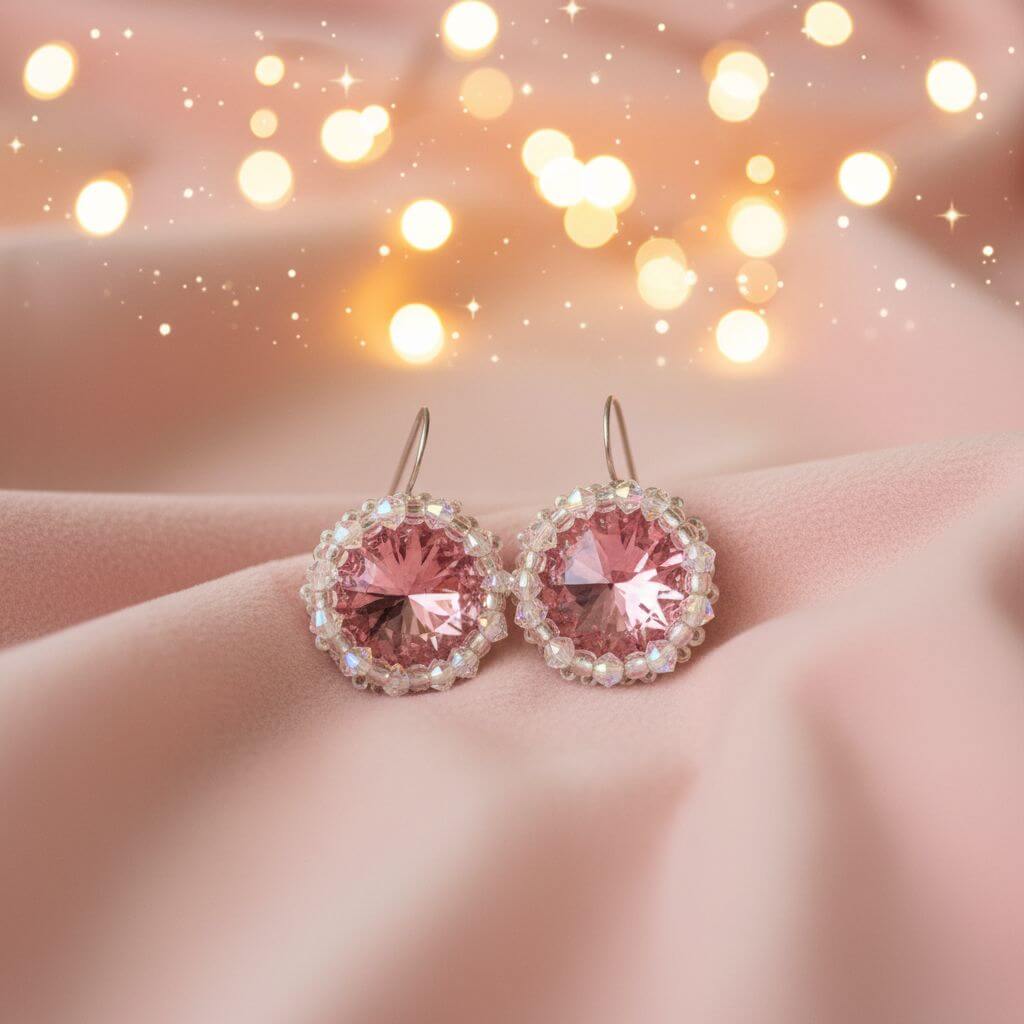 Handmade Beaded Bezel Pink Crystal Halo Earrings