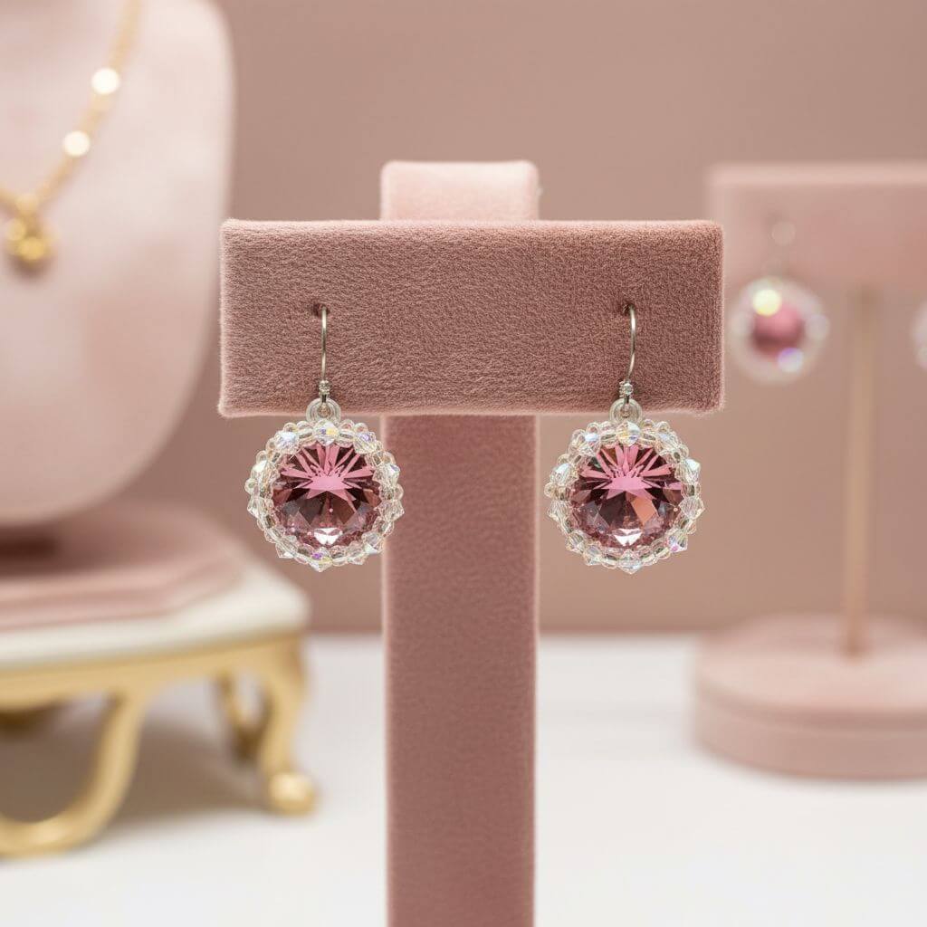 Handmade Beaded Bezel Pink Crystal Halo Earrings