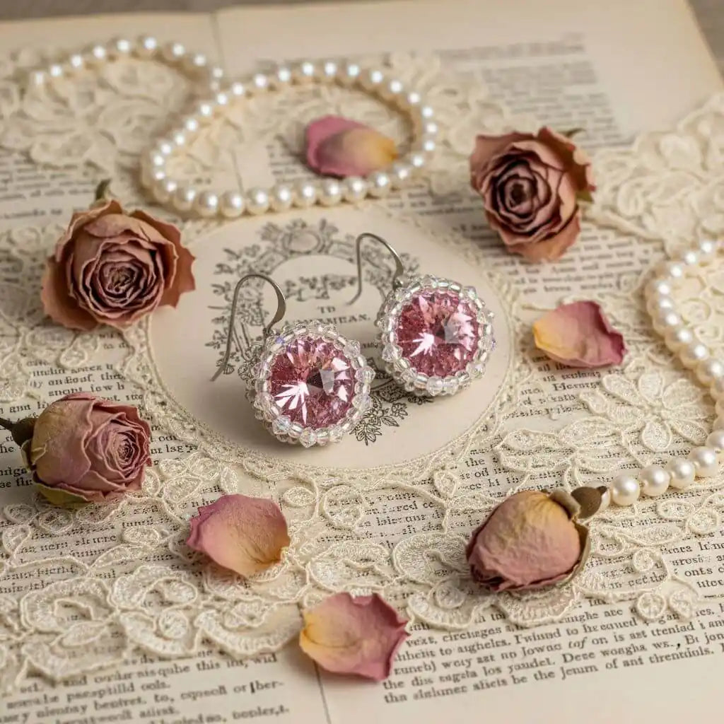 Handmade Beaded Bezel Pink Crystal Halo Earrings