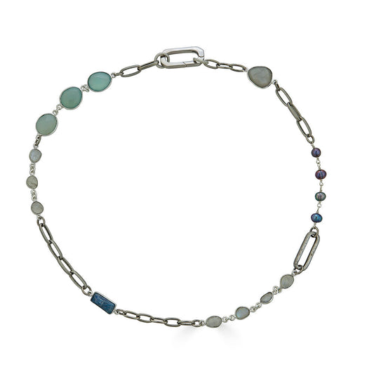 Silver Moonstone, Kyanite, Aquamarine and Pearl Short Necklace