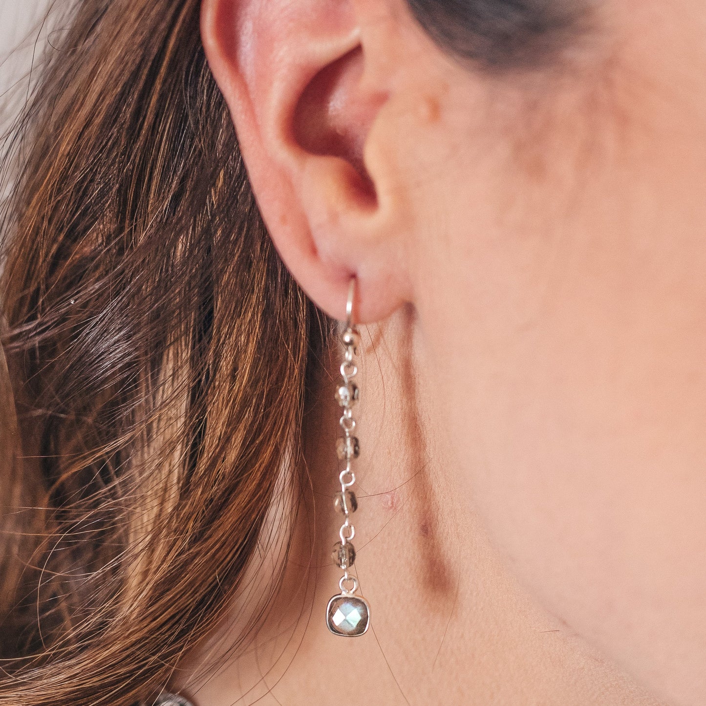 Labradorite Gray Crystal Chain Earrings