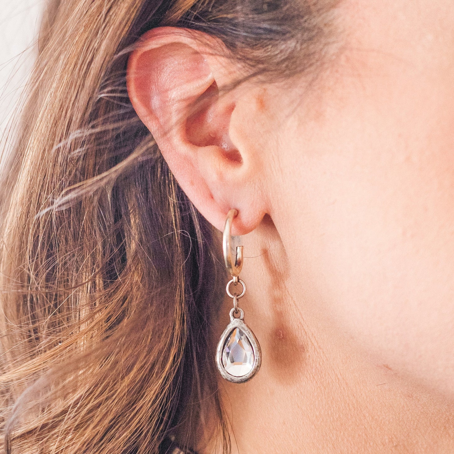 Silver Teardrop Crystal Hoop Earrings
