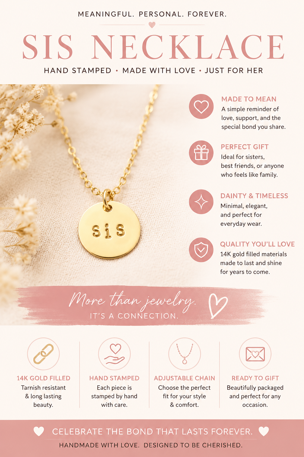 Hand Stamped "SIS" Necklace | Personalized Sister Gift | Dainty Gold Necklace | Friendship Jewelry | Handmade Jewelry Gift