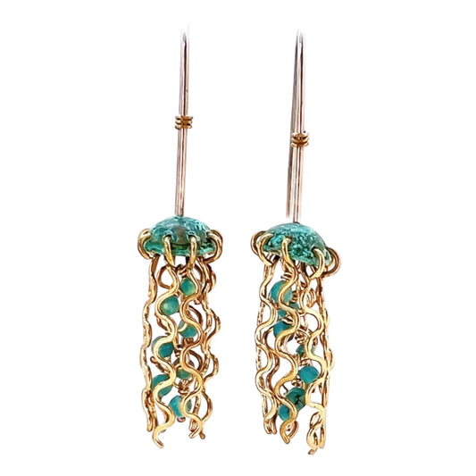 Mini Green Jellyfish Earrings with Turquoise Beads and Sterling Silver Earwires