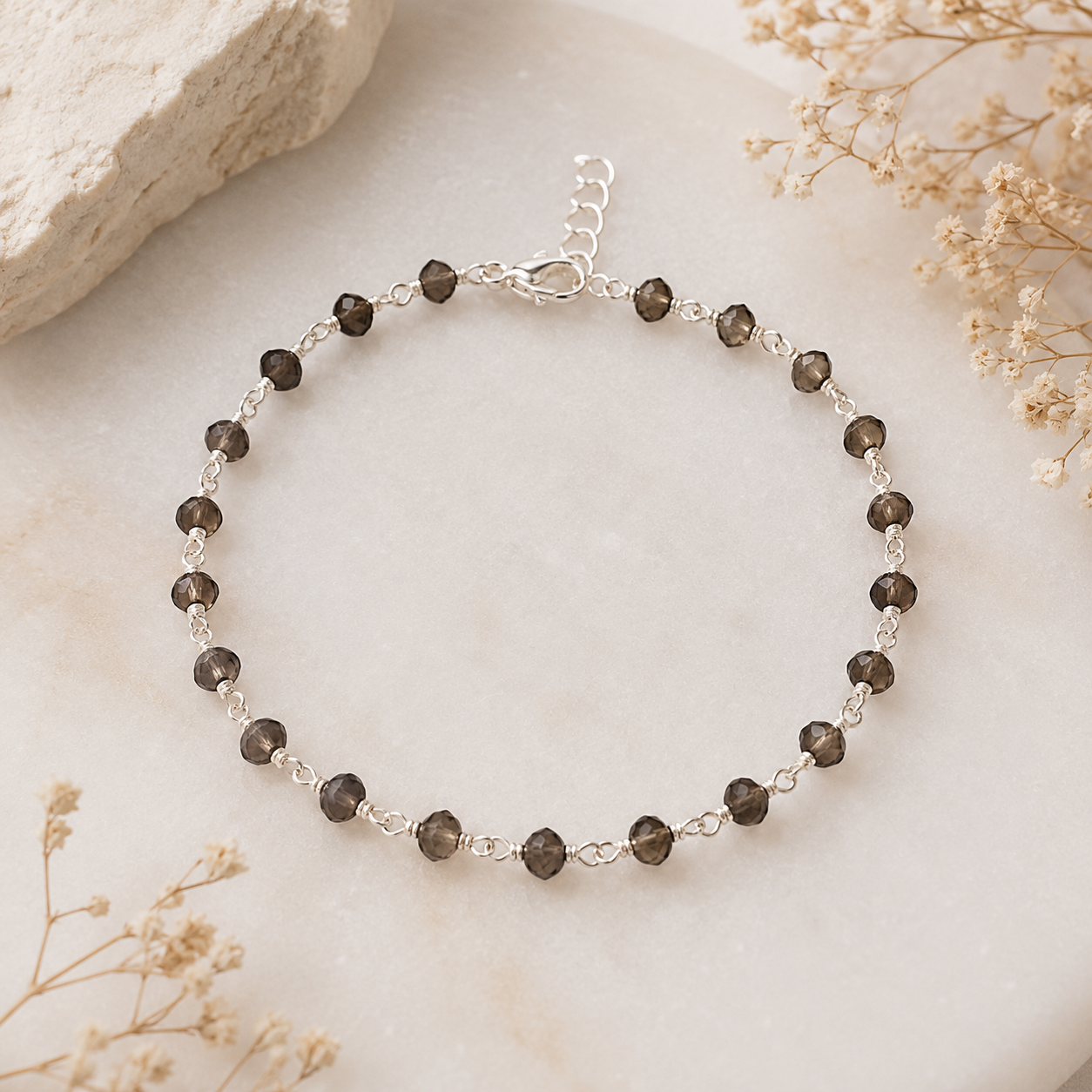 Smoky Quartz Wire Wrapped Sterling Silver Bracelet