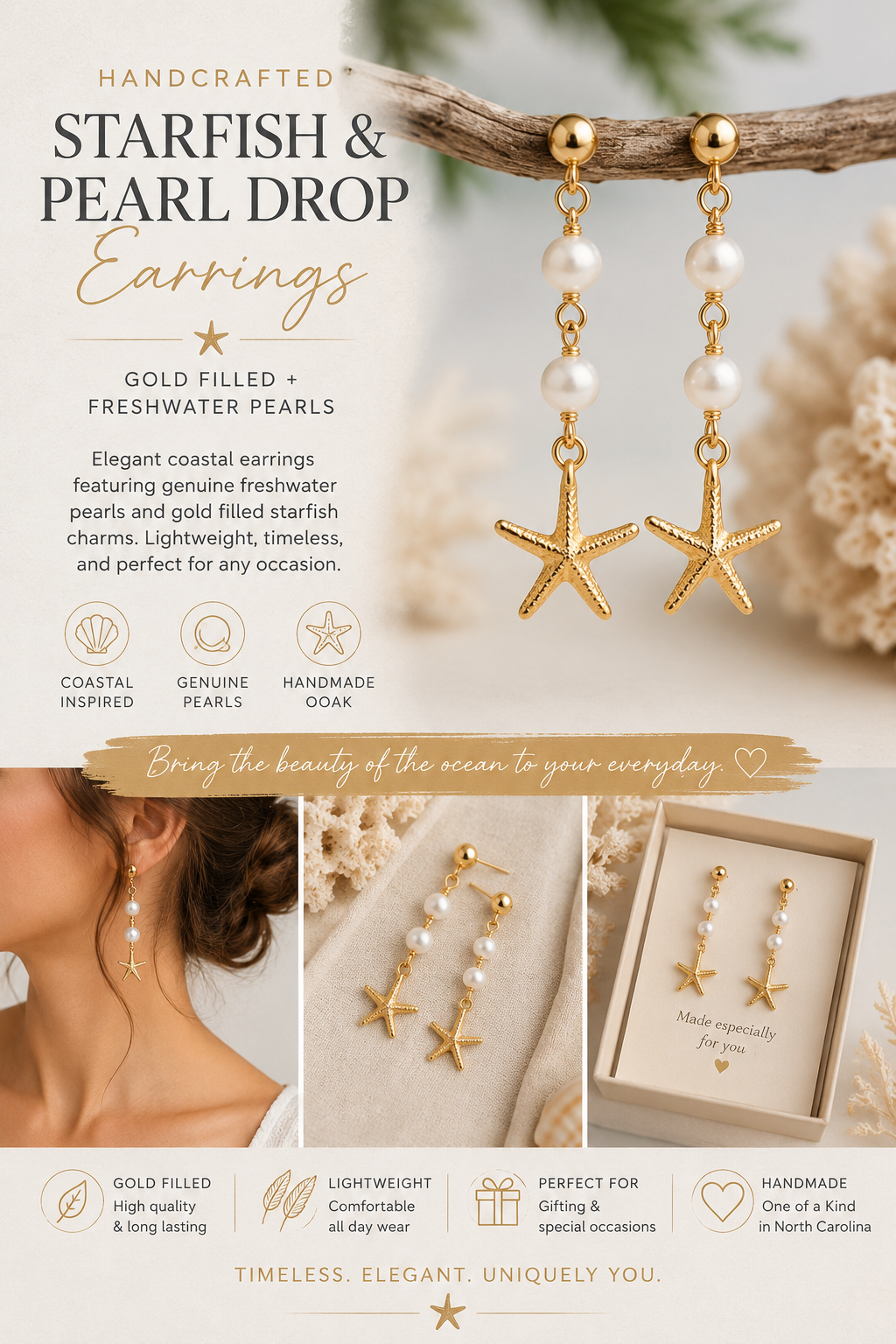Gold Filled Starfish & Freshwater Pearl Drop Earrings | OOAK