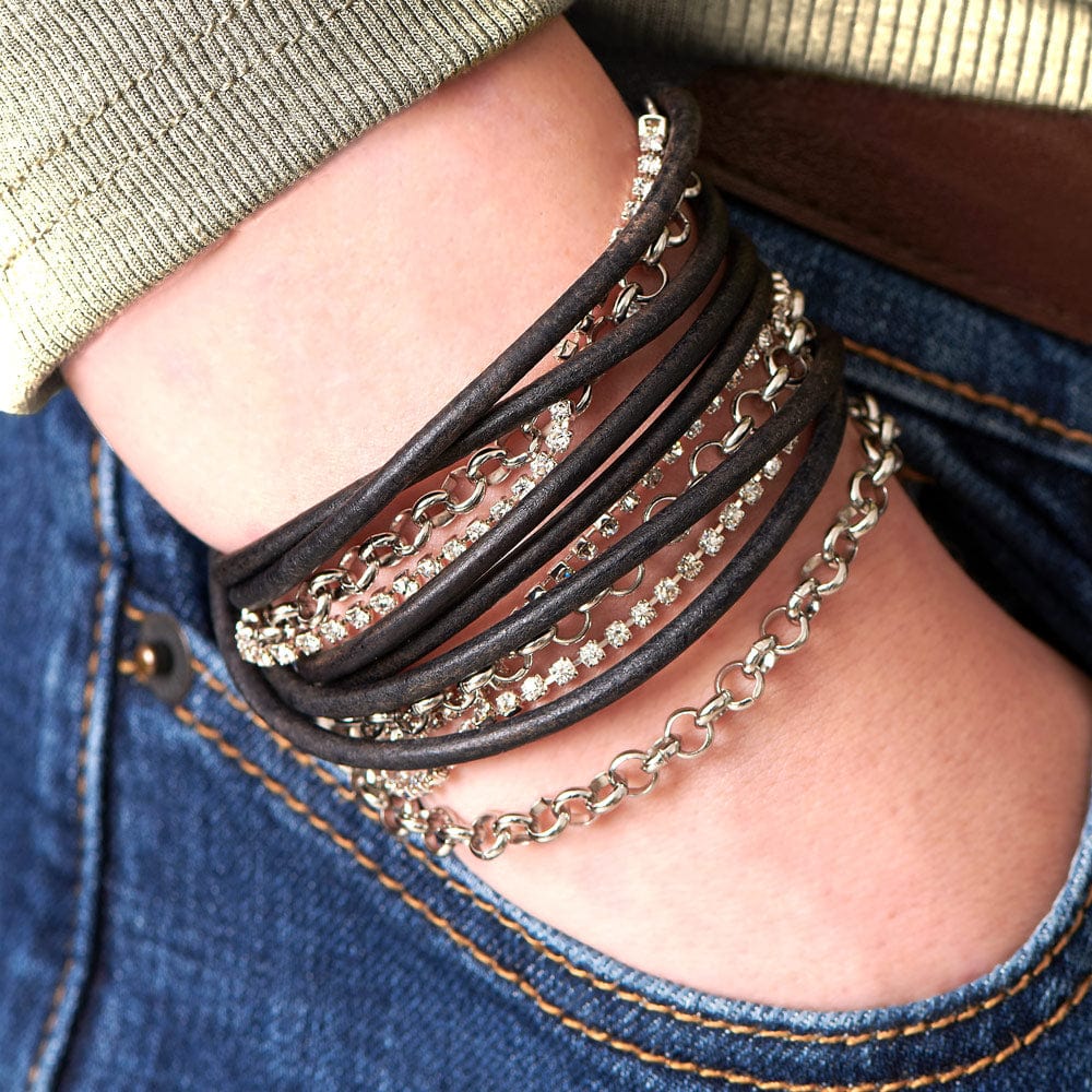 Sydney Black Leather Convertible Wrap Bracelet Necklace with Rhinestones & Silver Loop Chain