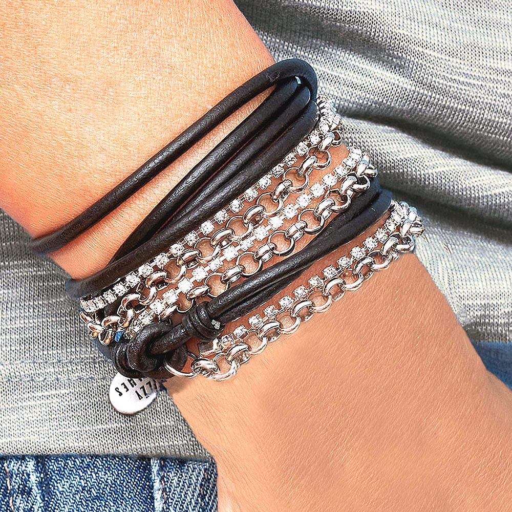 Sydney Black Leather Convertible Wrap Bracelet Necklace with Rhinestones & Silver Loop Chain