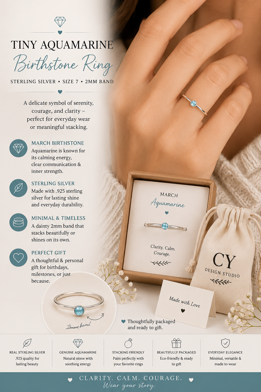 Tiny Aquamarine Birthstone Ring –  Size 7