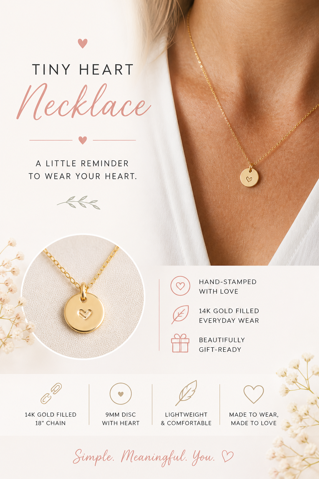Tiny Heart Necklace – Hand Stamped 9mm Disc, 14k Gold Filled on 18" Chain