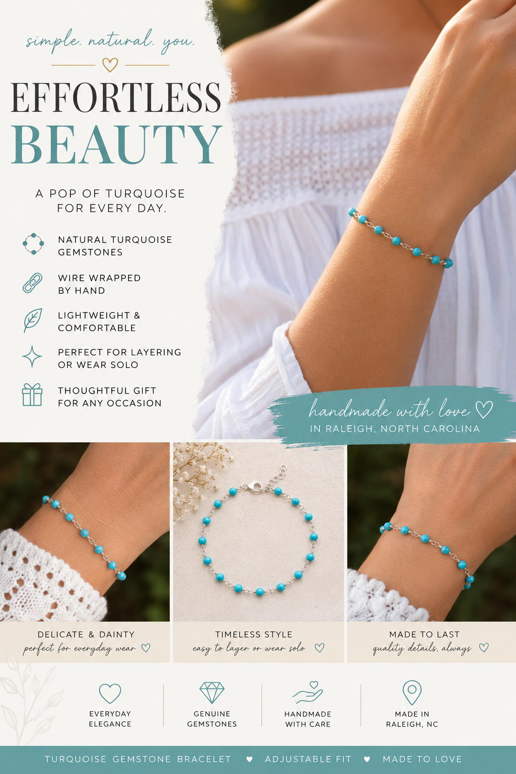 Delicate Turquoise Gemstone Wire Wrapped Bracelet – Sterling Silver Beaded Bracelet – Adjustable 7–8 Inch Handmade Jewelry
