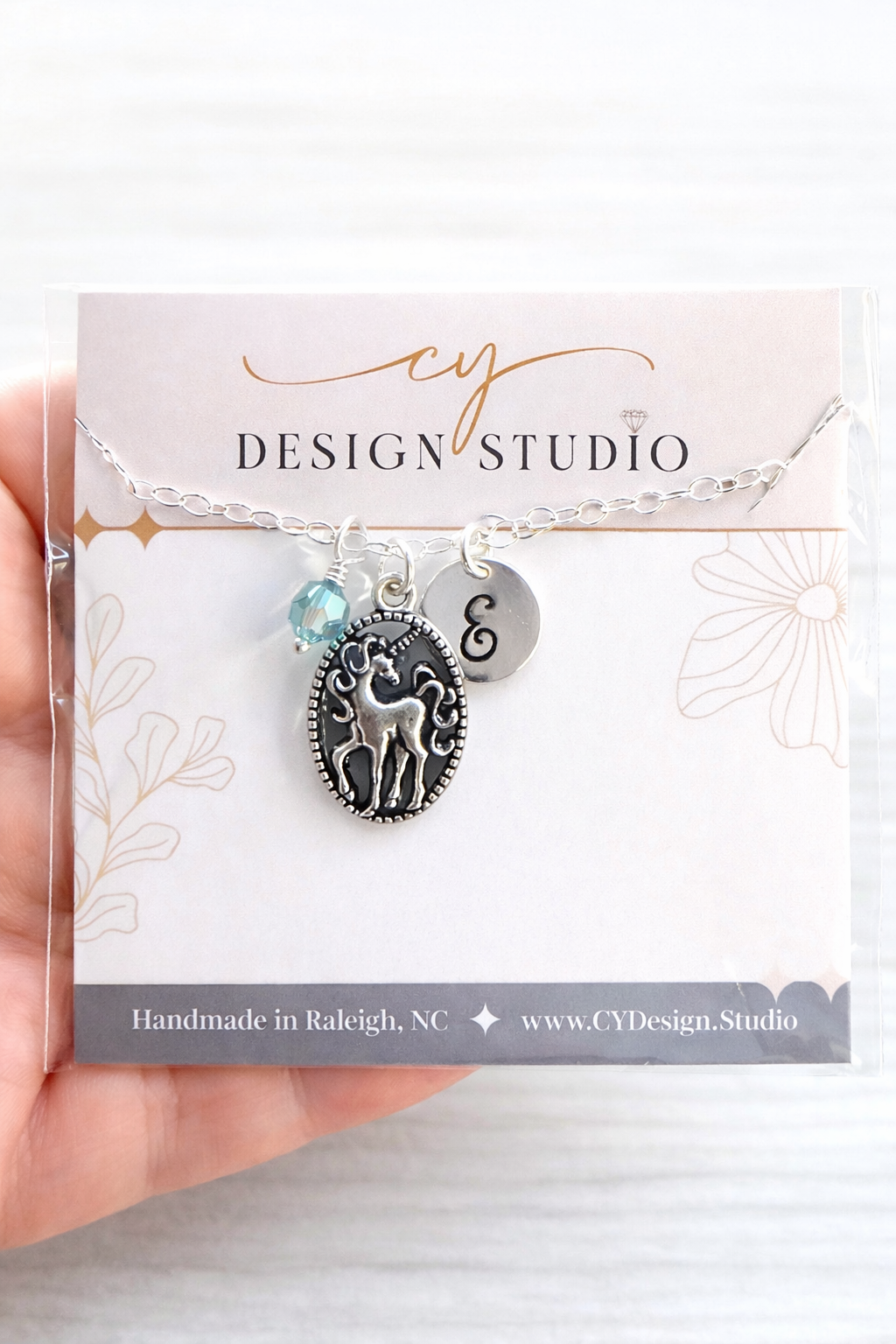 Unicorn Necklace – Sterling Silver with Birthstone & Initial Charm