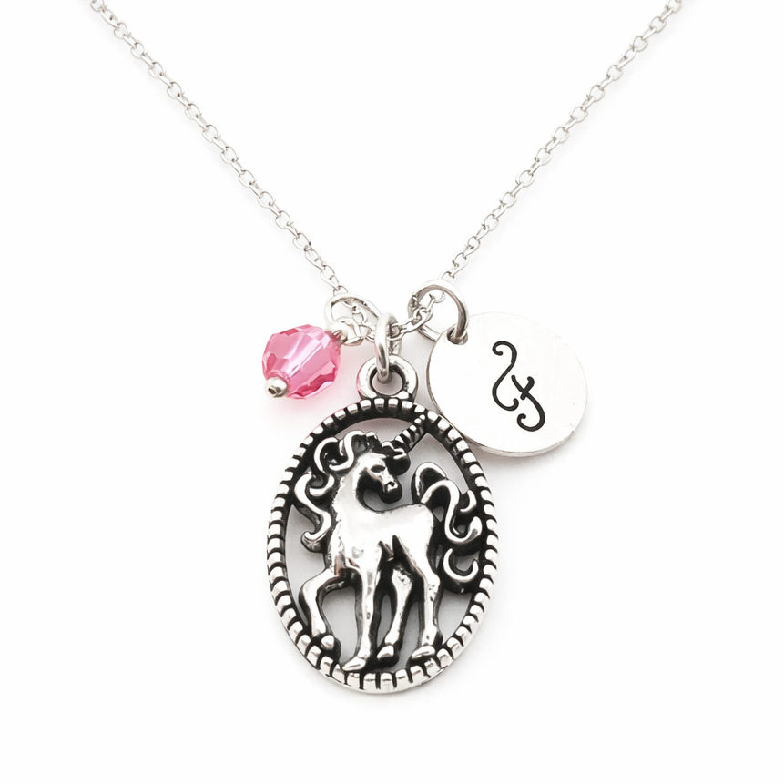 Unicorn Necklace – Sterling Silver with Birthstone & Initial Charm