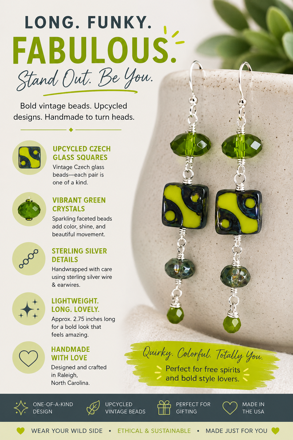 Funky Upcycled Czech Glass & Green Crystal Earrings – Sterling Silver, 2.25”