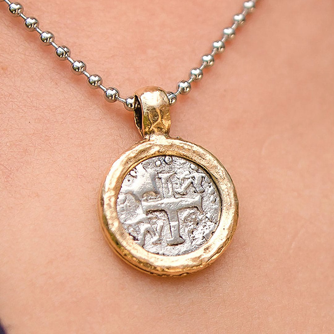 Vintage Silver Cross Coin Medallion on Adjustable Stainless Steel Necklace