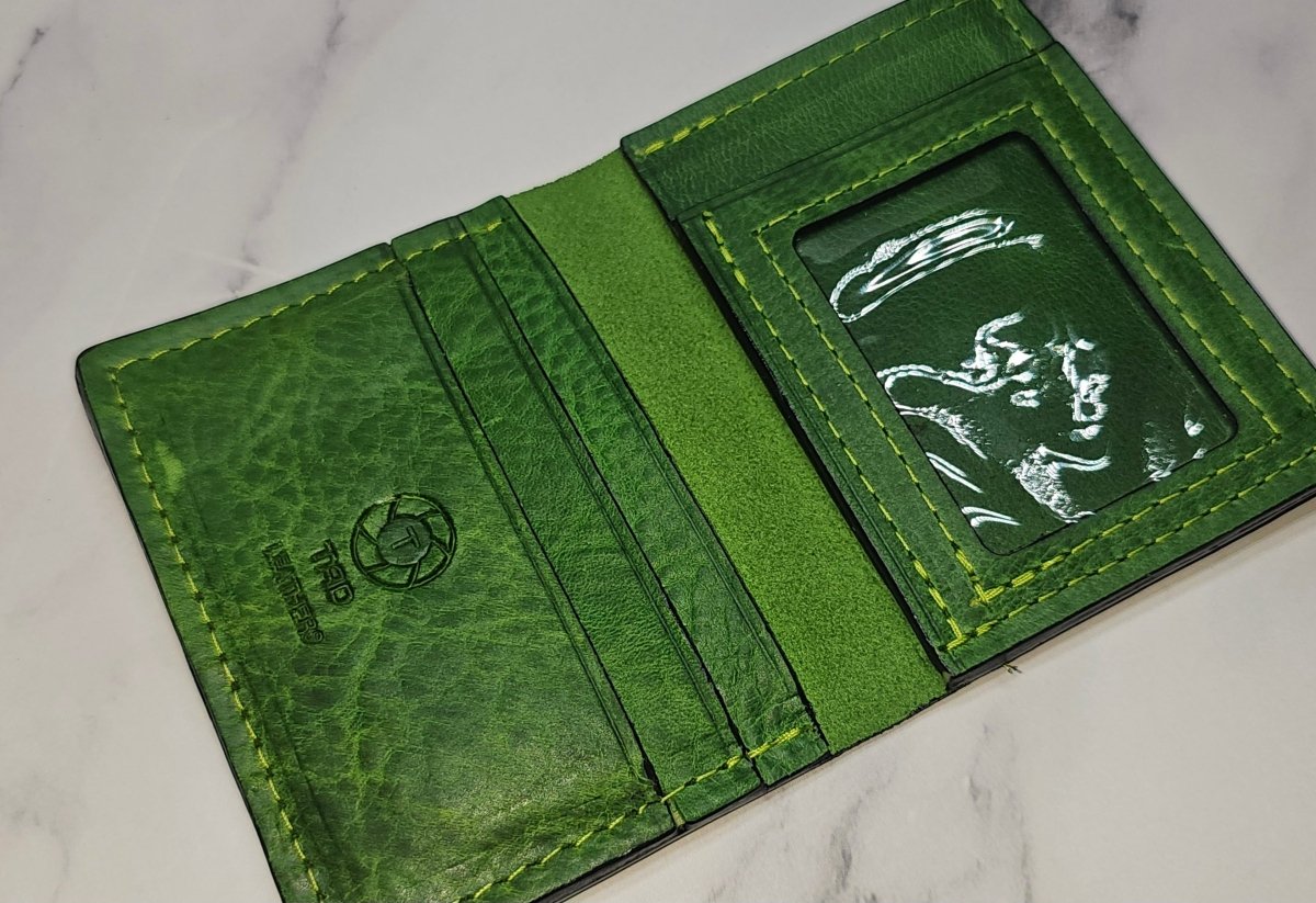 Vibrant Green Leather Card Wallet - Bold Handcrafted ID Holder Design