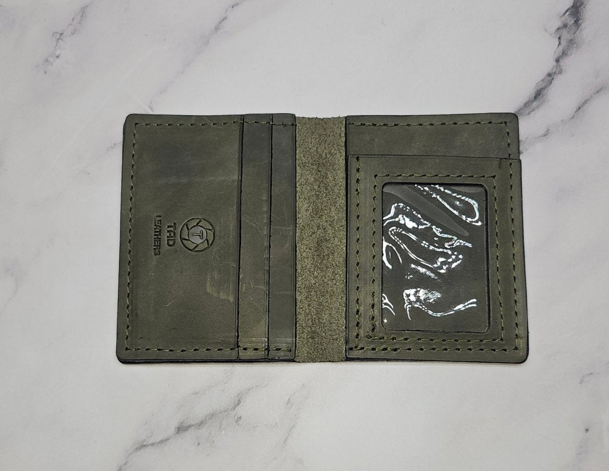 Army Green Military Card Holder - Tactical Style Leather Wallet with ID