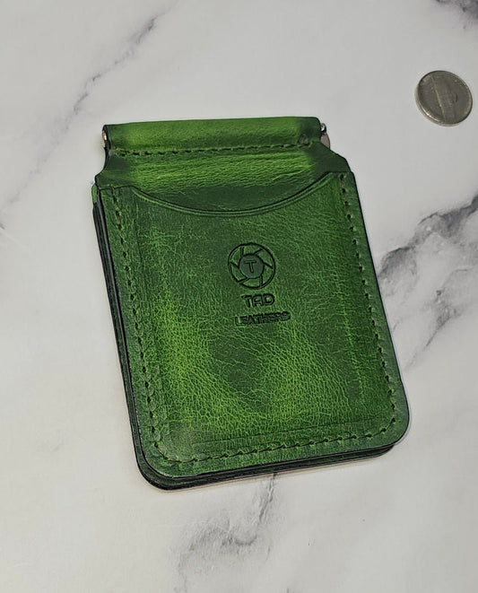 Forest Green Leather Money Clip - Bold Color Handcrafted
