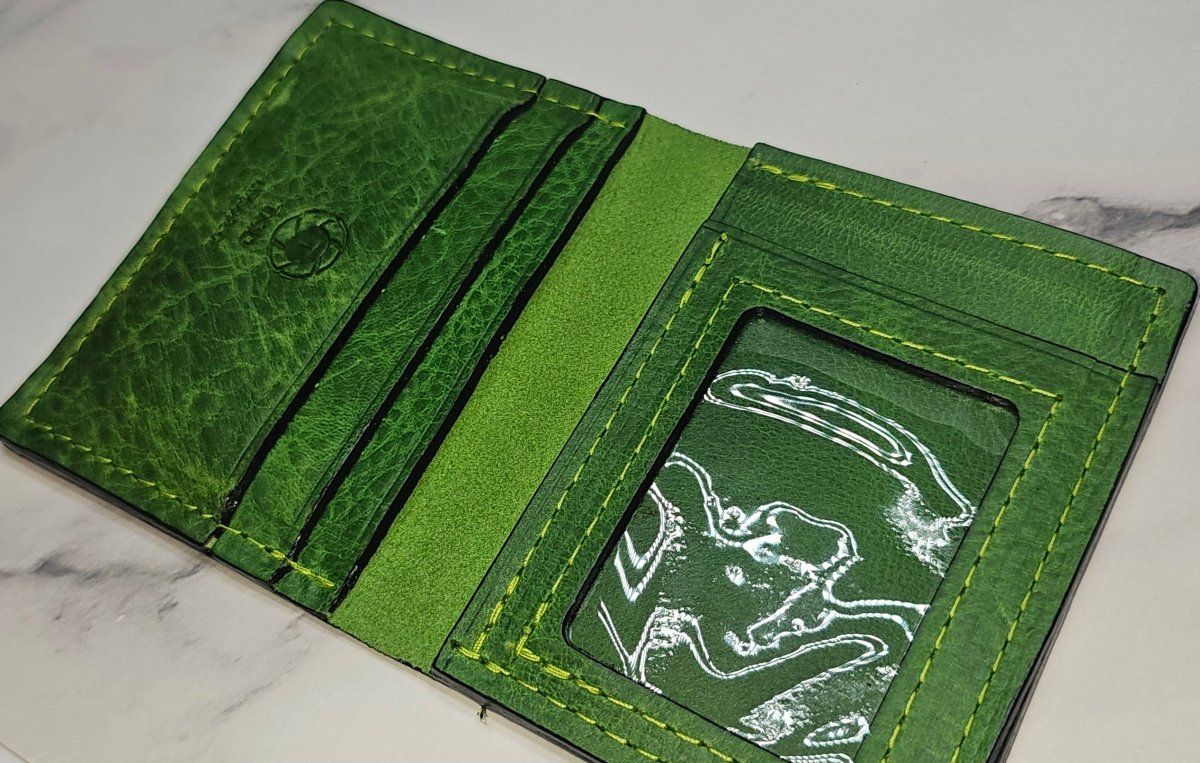 Vibrant Green Leather Card Wallet - Bold Handcrafted ID Holder Design