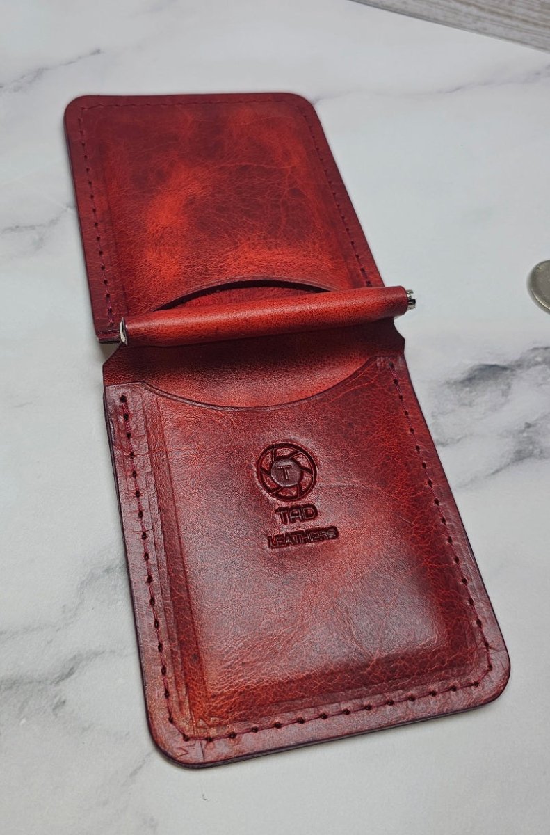Premium Red Leather Money Clip - Textured Grain Handmade