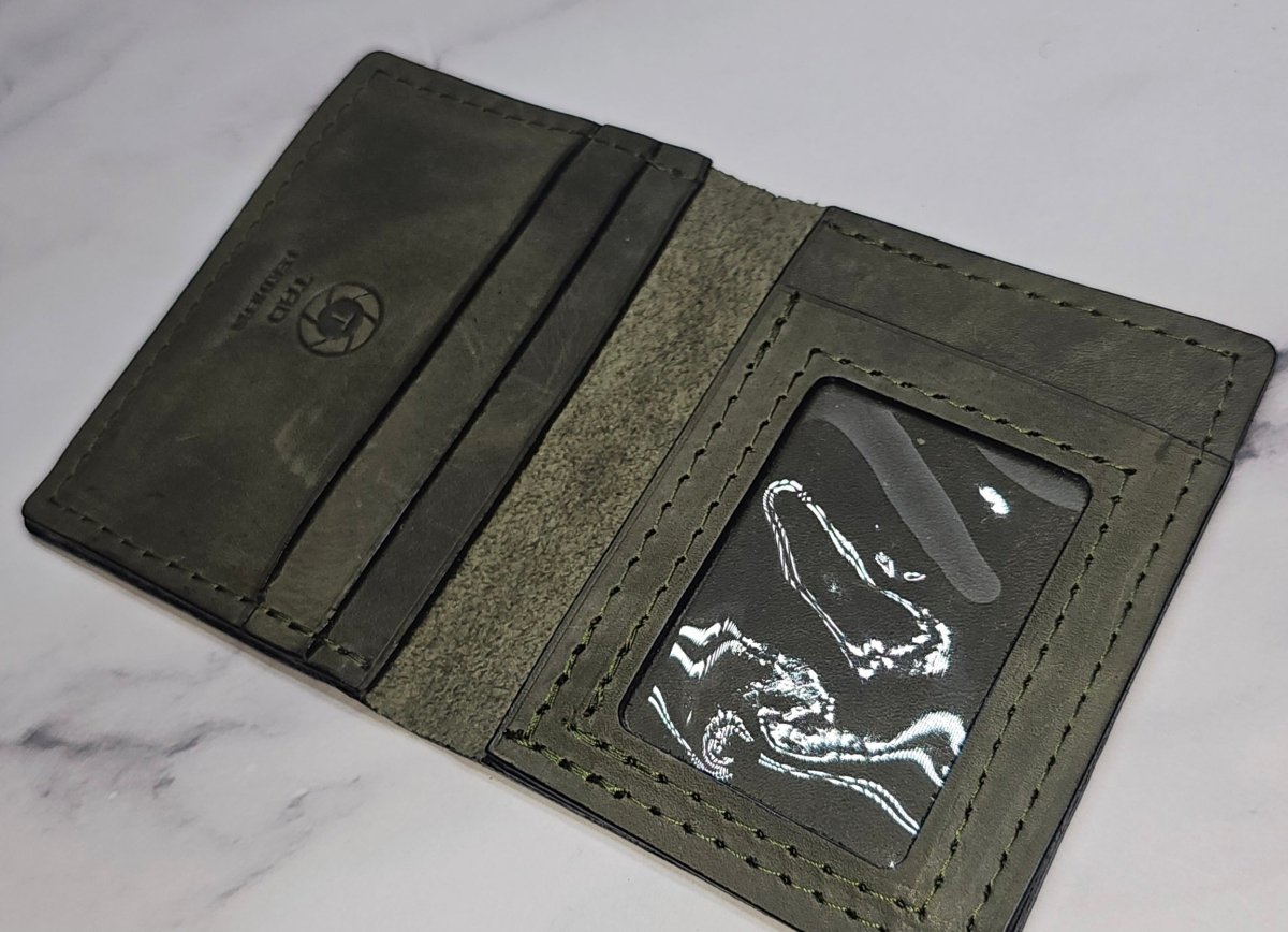 Army Green Military Card Holder - Tactical Style Leather Wallet with ID
