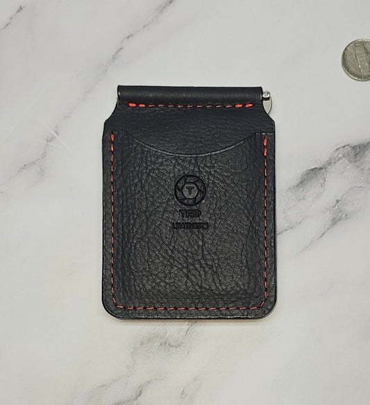 Handcrafted Black Leather Money Clip - Red Accent Stitching