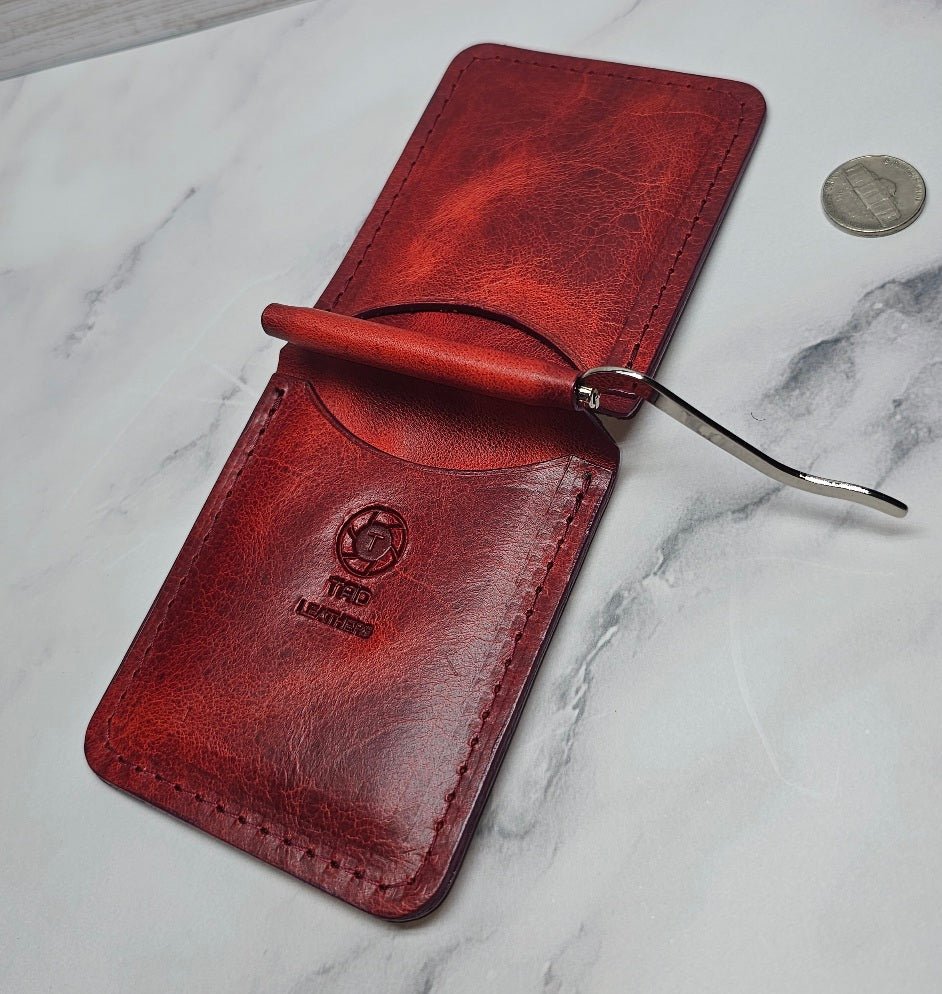 Handcrafted Black Leather Money Clip - Red Accent Stitching