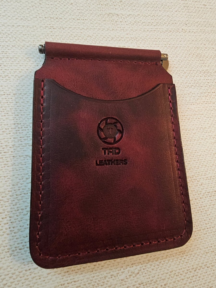 Handcrafted Black Leather Money Clip - Red Accent Stitching