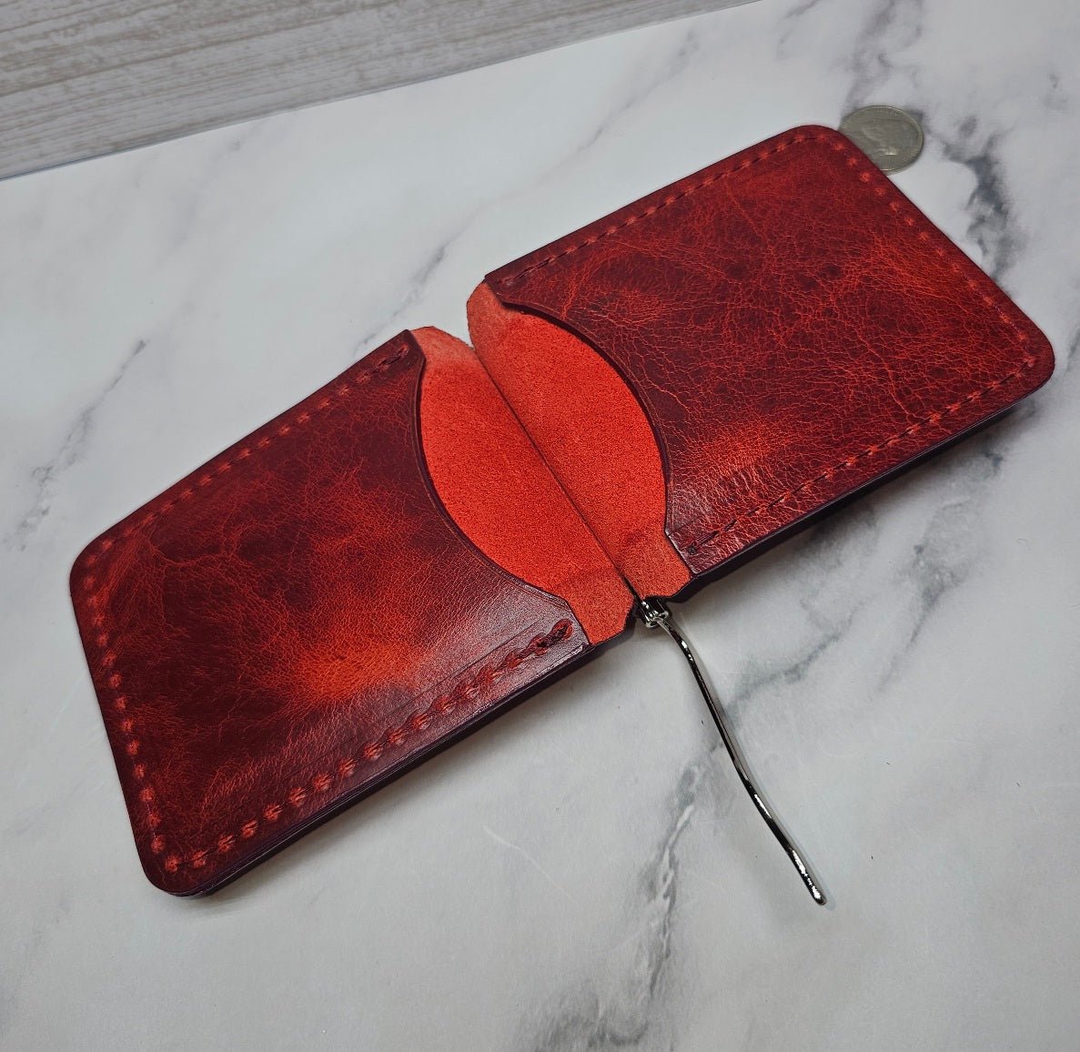 Premium Red Leather Money Clip - Textured Grain Handmade