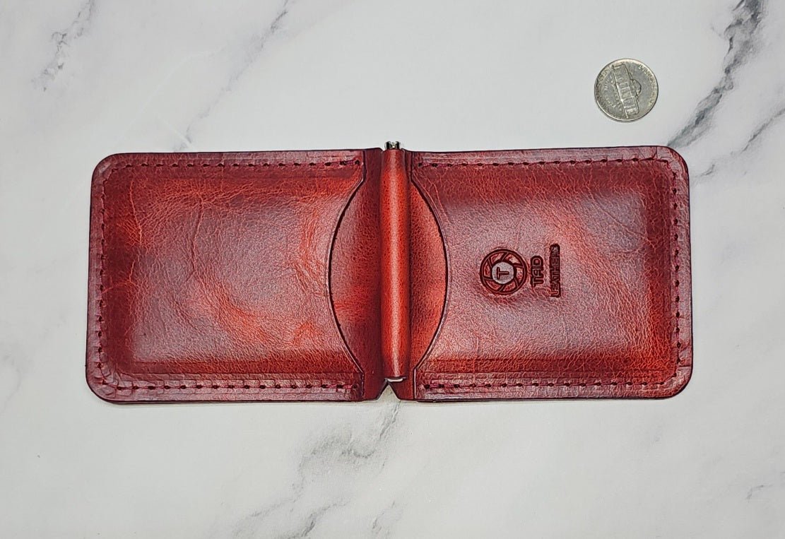 Premium Red Leather Money Clip - Textured Grain Handmade