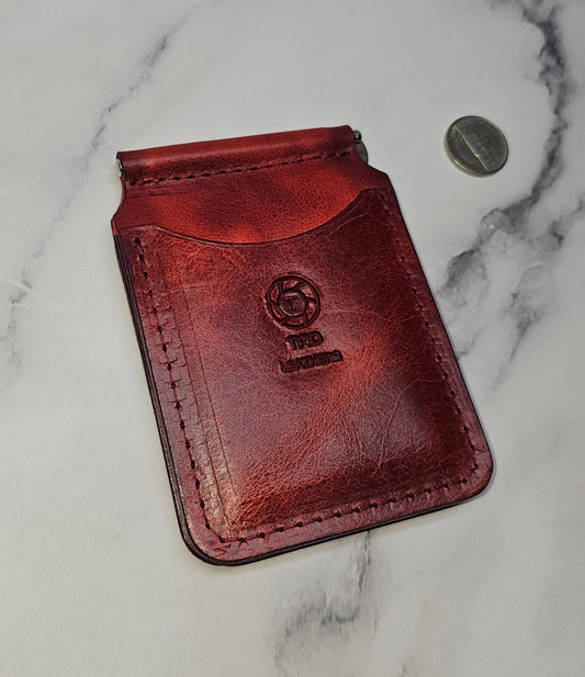 Premium Red Leather Money Clip - Textured Grain Handmade