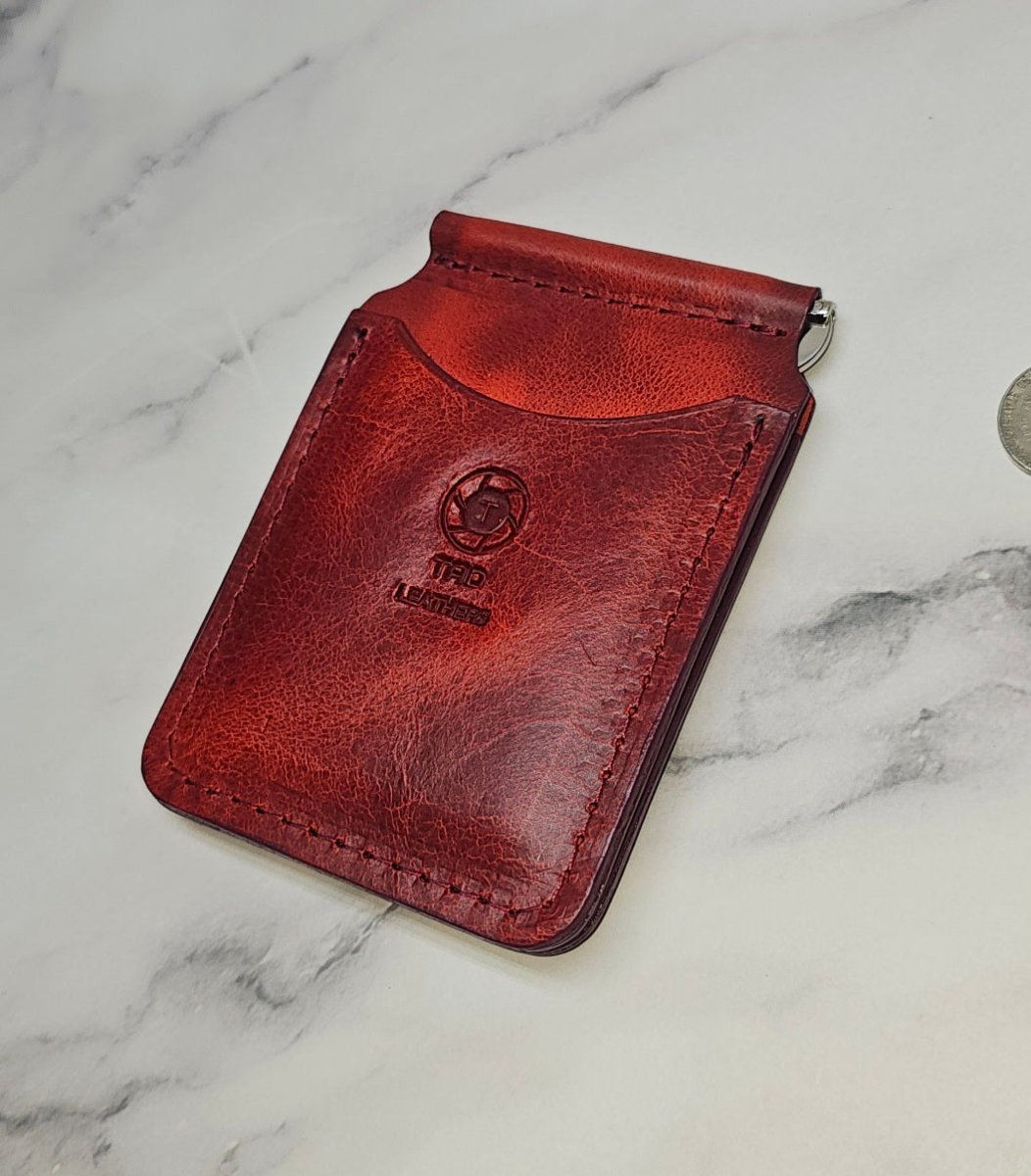 Premium Red Leather Money Clip - Textured Grain Handmade