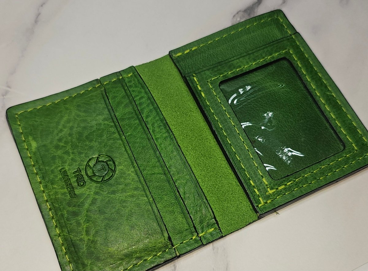 Vibrant Green Leather Card Wallet - Bold Handcrafted ID Holder Design