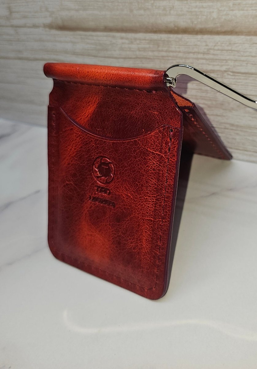 Premium Red Leather Money Clip - Textured Grain Handmade