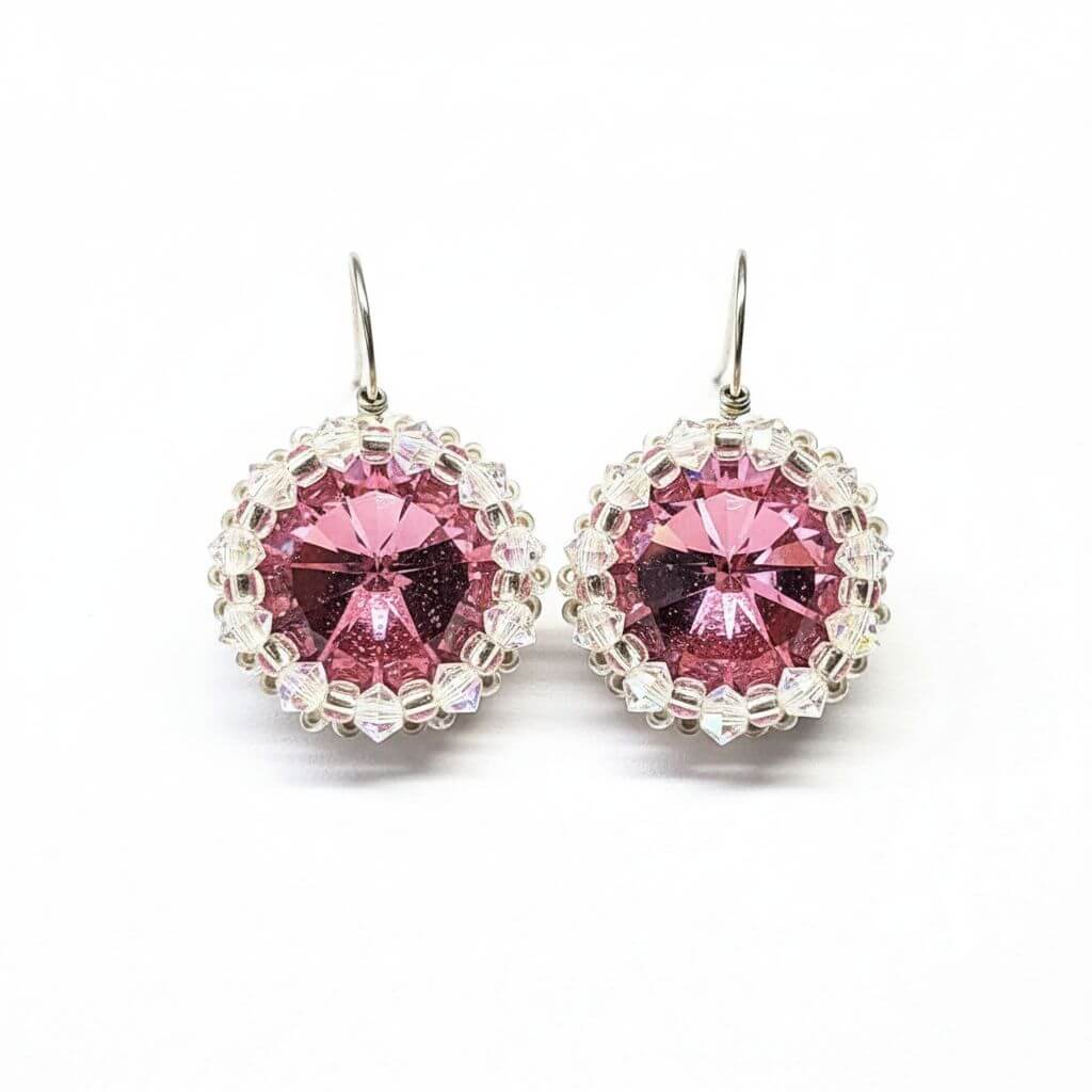 Handmade Beaded Bezel Pink Crystal Halo Earrings