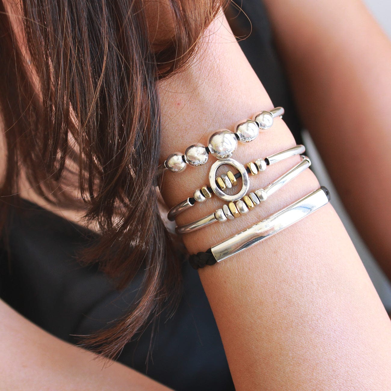 Optimism Two-Tone Adjustable Leather Bracelet | Silver & Gold Beads